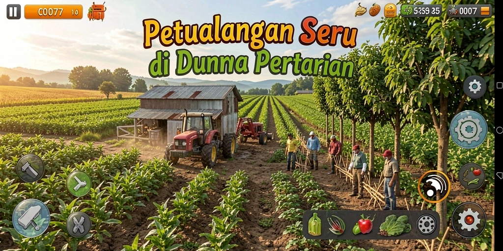 Tampilan gameplay seru di C0077 dengan pertanian yang berkembang.